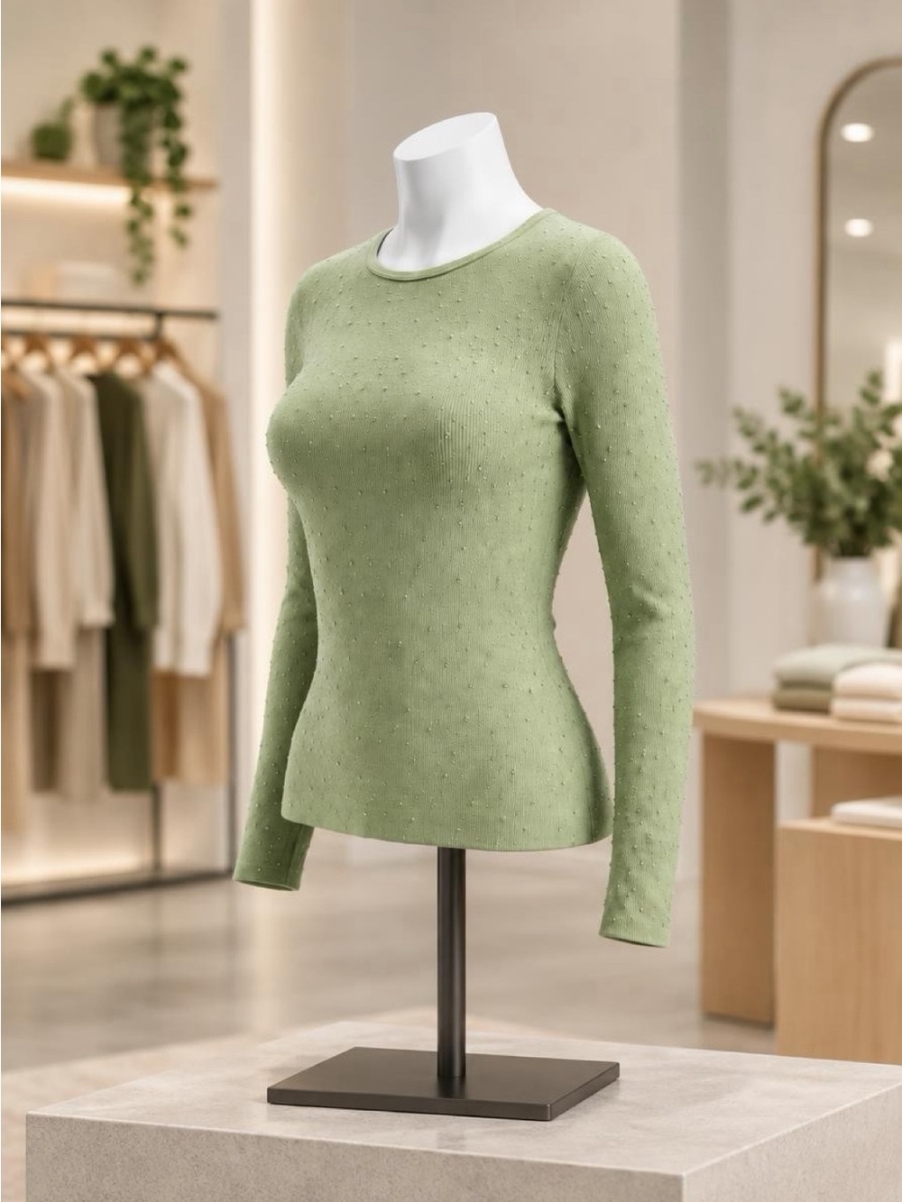 Free People Night Sky Studded Ribbed Long Sleeve Top - Sage Green M/L